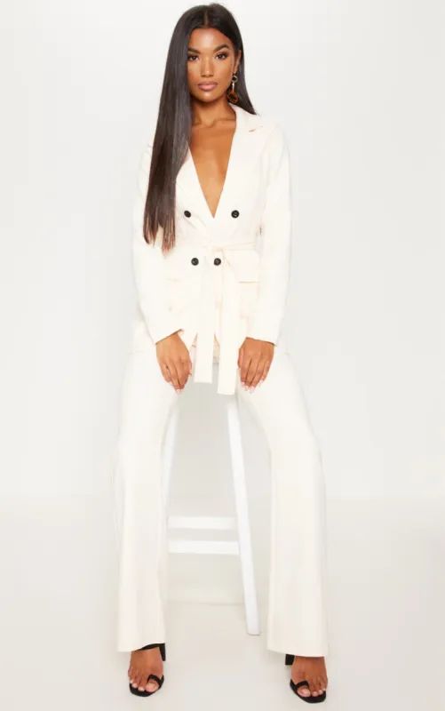 Cream Belted Longline Woven Blazer sold by Pretty Little Thing