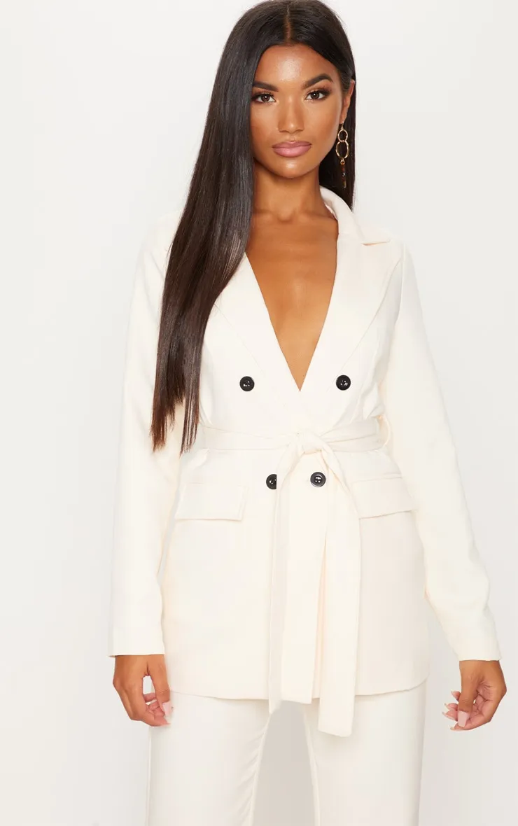 Cream Belted Longline Woven Blazer sold by Pretty Little Thing product image thumbnail 4