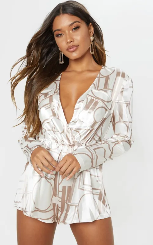 Champagne Chain Print Plunge Playsuit sold by Pretty Little Thing
