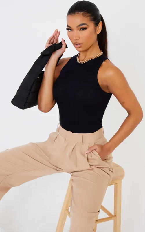 Black Soft Rib Racer Neck Sleeveless Bodysuit sold by Pretty Little Thing