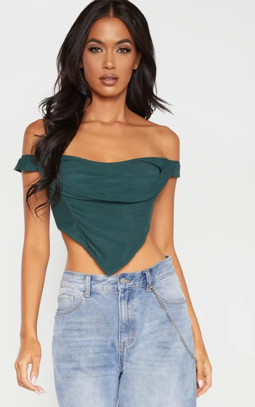 Dark Green Corset Mesh Bardot Top sold by Pretty Little Thing