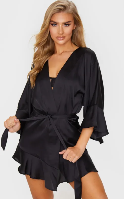 Black Frill Sleeve Satin Robe sold by Pretty Little Thing
