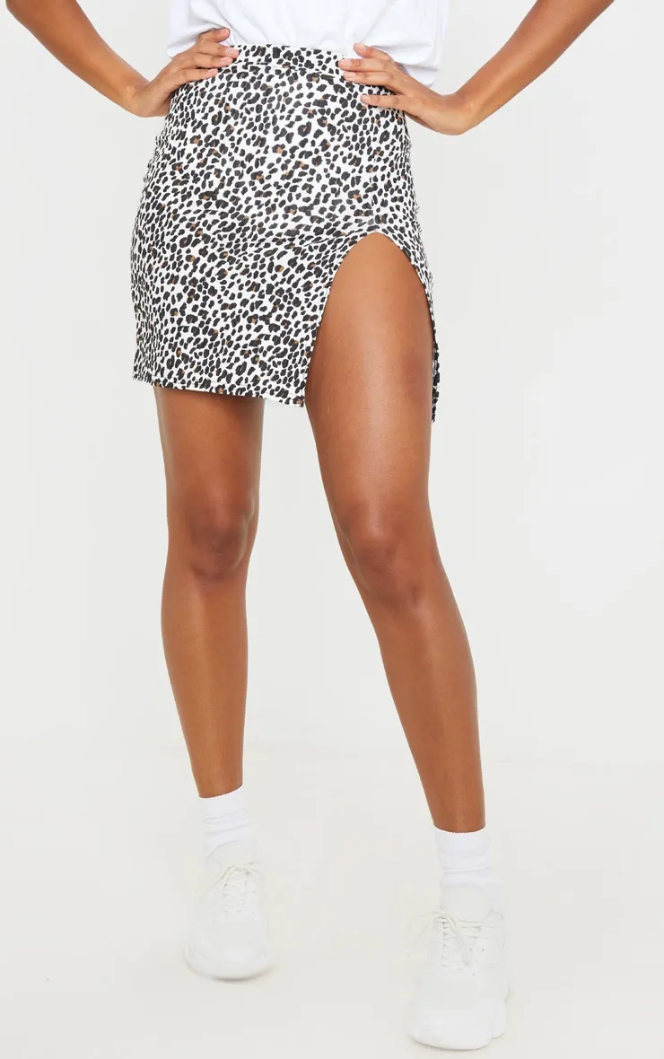 White Leopard Print Rib Split Front Mini Skirt sold by Pretty Little Thing product image thumbnail 2