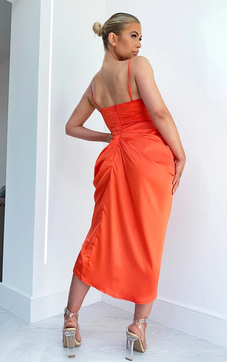 Bright Orange Satin Ruched Skirt Corset Detail Midi Dress sold by Pretty Little Thing product image thumbnail 2