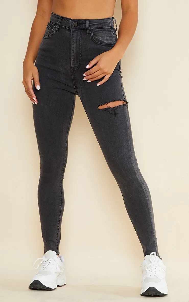 PRETTYLITTLETHING Petite Washed Black Thigh Rip Raw Hem 5 Pocket Skinny Jeans sold by Pretty Little Thing product image thumbnail 2