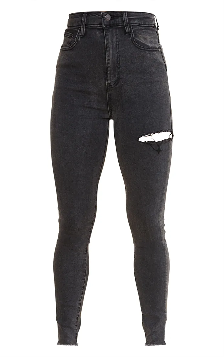 PRETTYLITTLETHING Petite Washed Black Thigh Rip Raw Hem 5 Pocket Skinny Jeans sold by Pretty Little Thing product image thumbnail 5