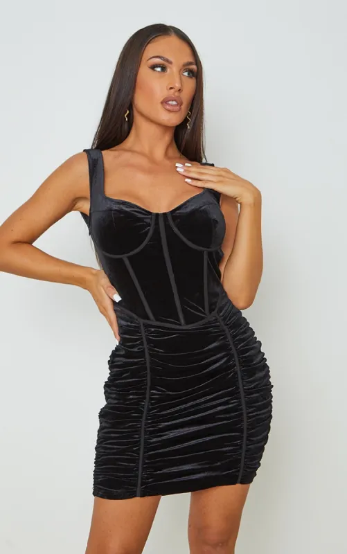 Black Velvet Corset Ruched Binding Detail Bodycon Dress sold by Pretty Little Thing