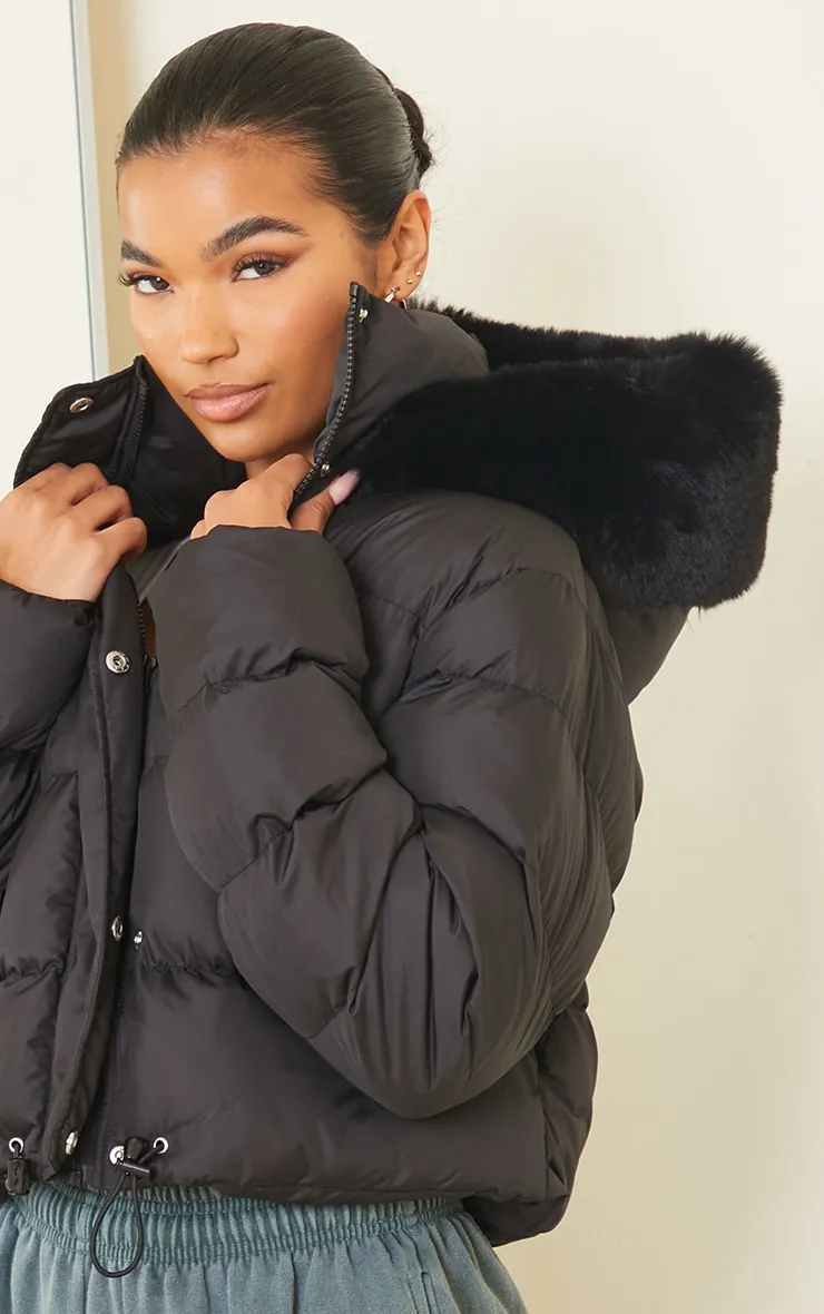Black Faux Fur Hooded Puffer Coat sold by Pretty Little Thing product image thumbnail 4