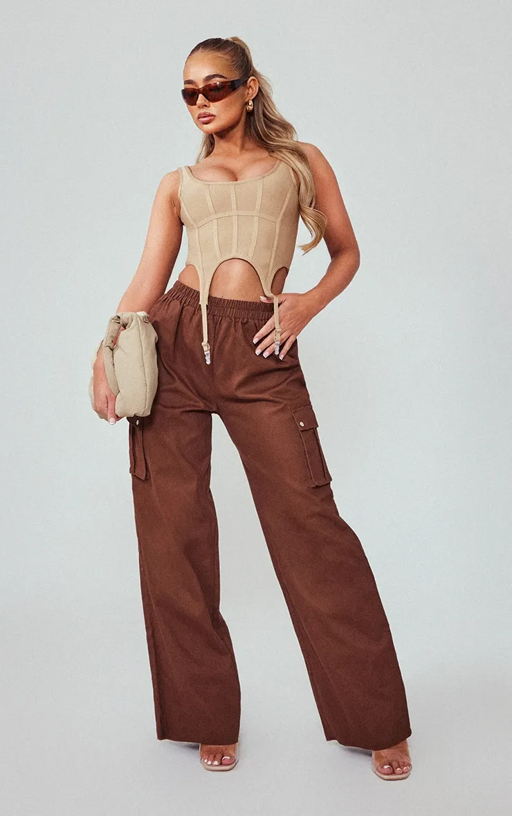 Chocolate Wide Leg High Waisted Cargo Trousers sold by Pretty Little Thing
