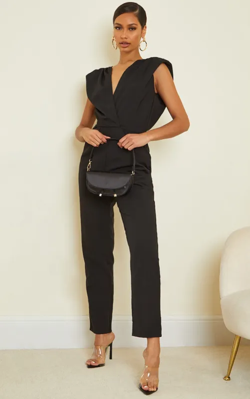 Black Shoulder Pad Wrap Woven Jumpsuit sold by Pretty Little Thing