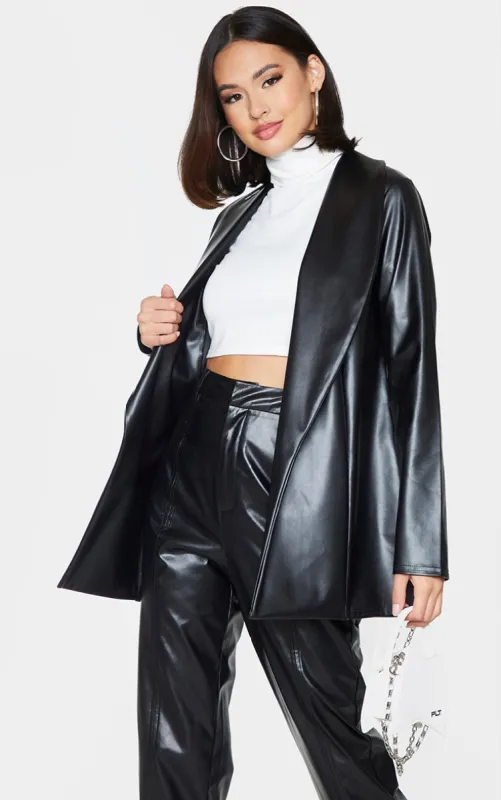 Black Drop Collar Faux Leather Blazer sold by Pretty Little Thing