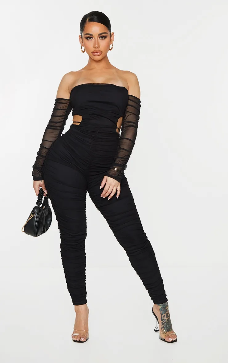Shape Black Mesh Ruched Bardot Strap Detail Jumpsuit sold by Pretty Little Thing