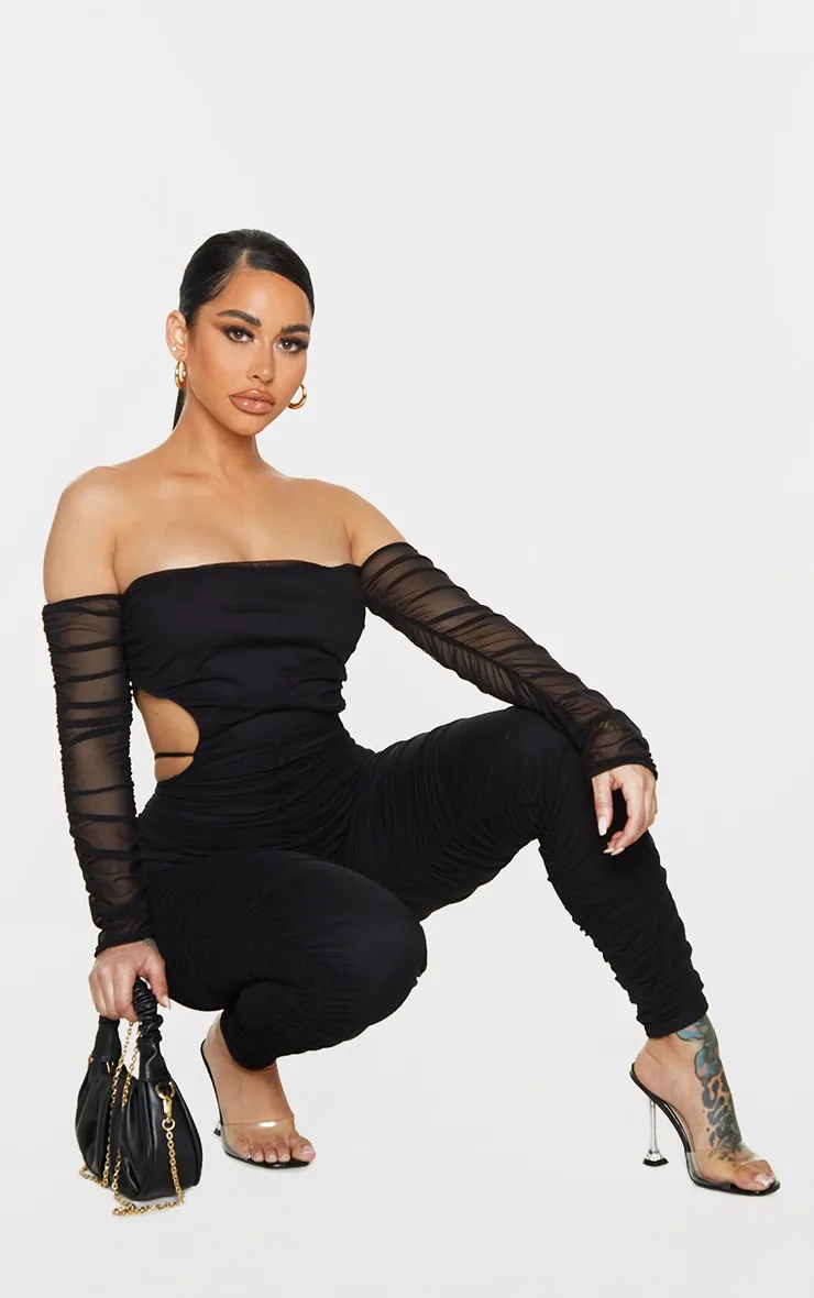 Shape Black Mesh Ruched Bardot Strap Detail Jumpsuit sold by Pretty Little Thing product image thumbnail 3
