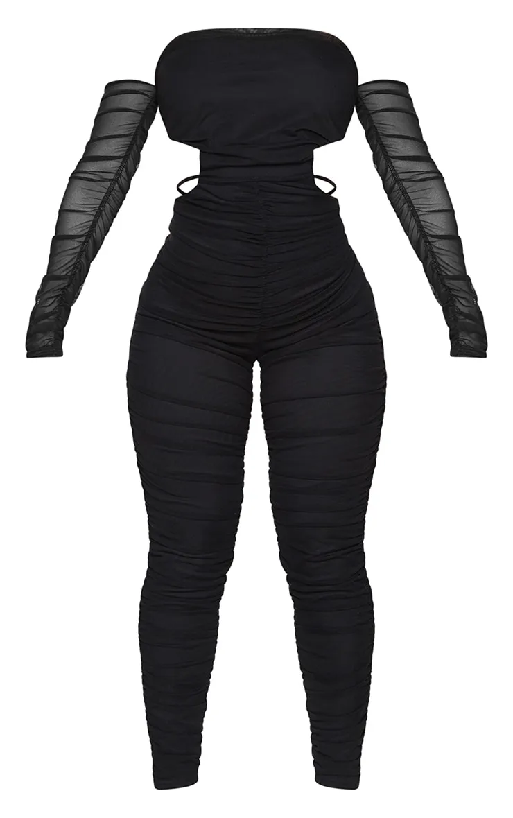 Shape Black Mesh Ruched Bardot Strap Detail Jumpsuit sold by Pretty Little Thing product image thumbnail 5