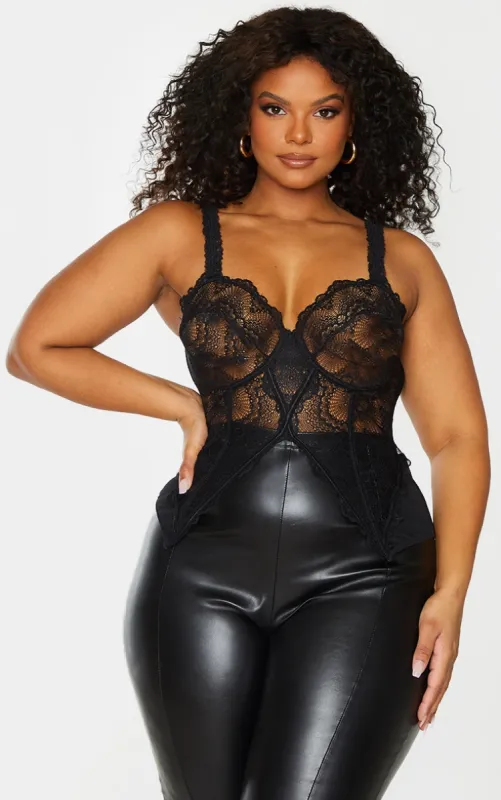 Plus Black Lace Split Hem Detail Crop Top sold by Pretty Little Thing