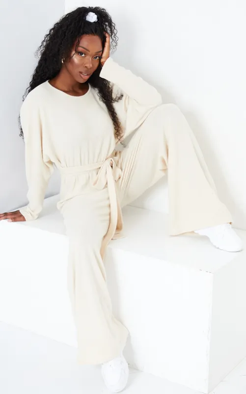 Cream Brushed Rib Oversized Tie Waist Jumpsuit sold by Pretty Little Thing