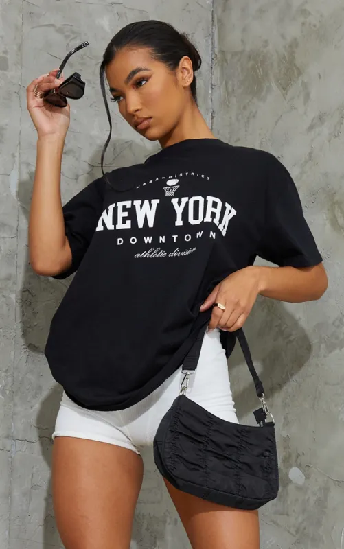 Black New York Downtown Slogan Printed T Shirt sold by Pretty Little Thing