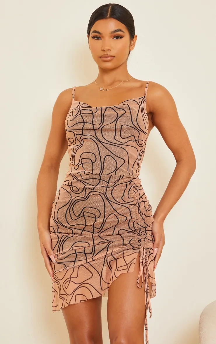 Nude Abstract Line Print Ruched Bodycon Dress sold by Pretty Little Thing product image thumbnail 3