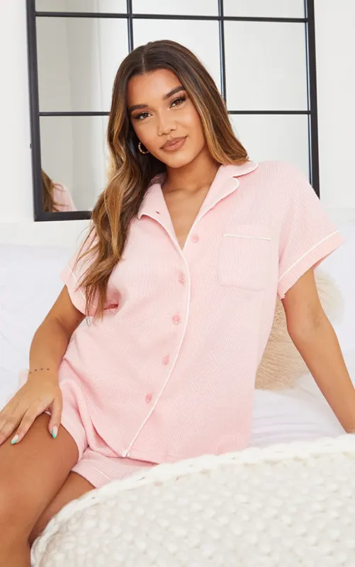 Pink Mix And Match Soft Waffle Button Down Short Sleeve PJ Top sold by Pretty Little Thing