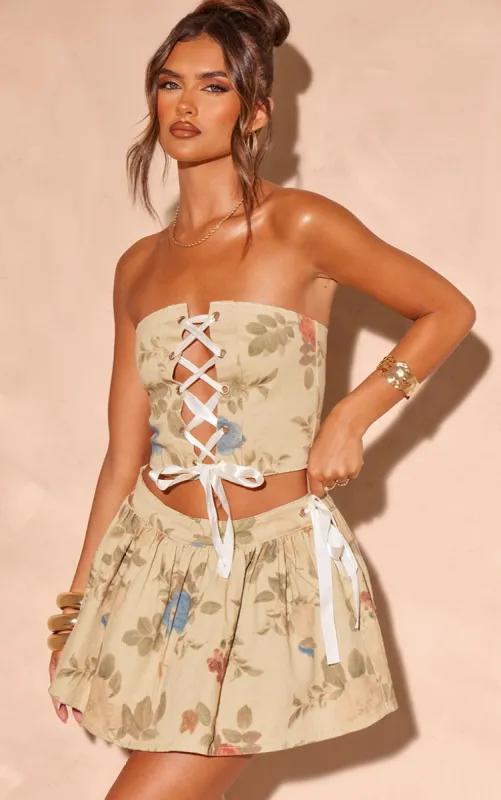 Stone Floral Denim Ribbon Detail Corset Top sold by Pretty Little Thing