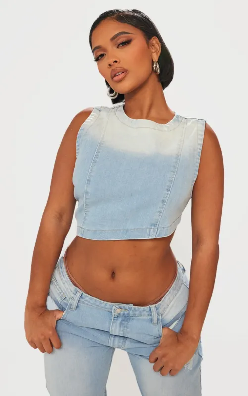 Shape Light Blue Denim Washed Asymmetric Crop Top sold by Pretty Little Thing