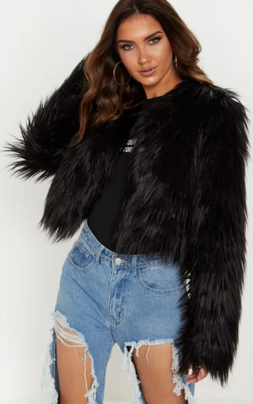 Liddie Black Faux Fur Shaggy Cropped Jacket sold by Pretty Little Thing
