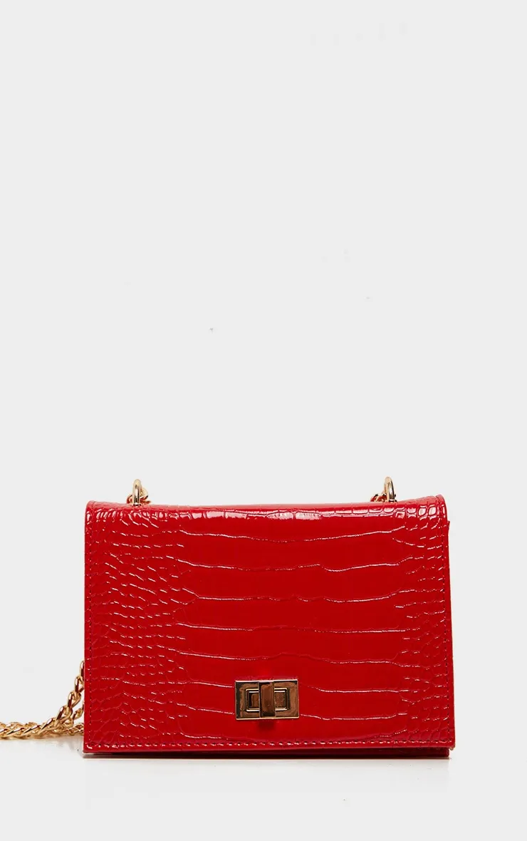 Red Patent Croc Flap Square Cross Body Bag sold by Pretty Little Thing product image thumbnail 2