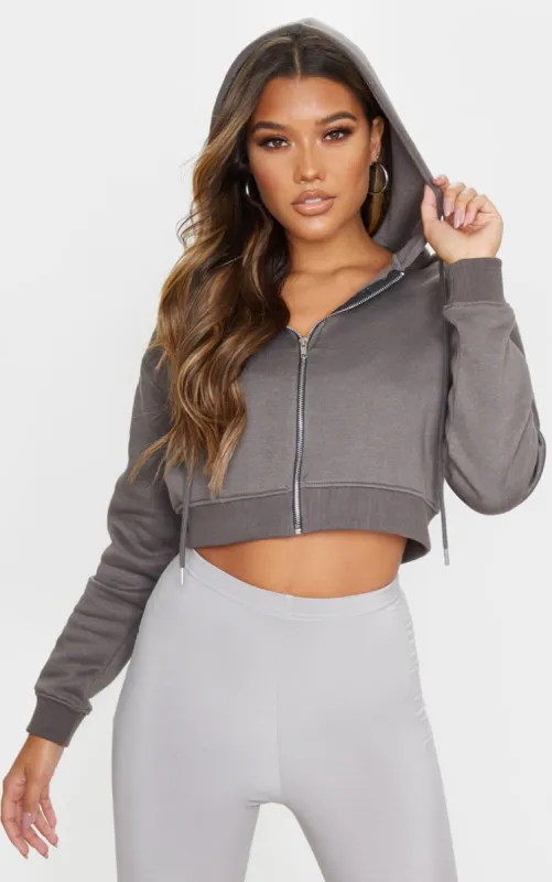 Charcoal Grey Crop Zip Hoodie sold by Pretty Little Thing