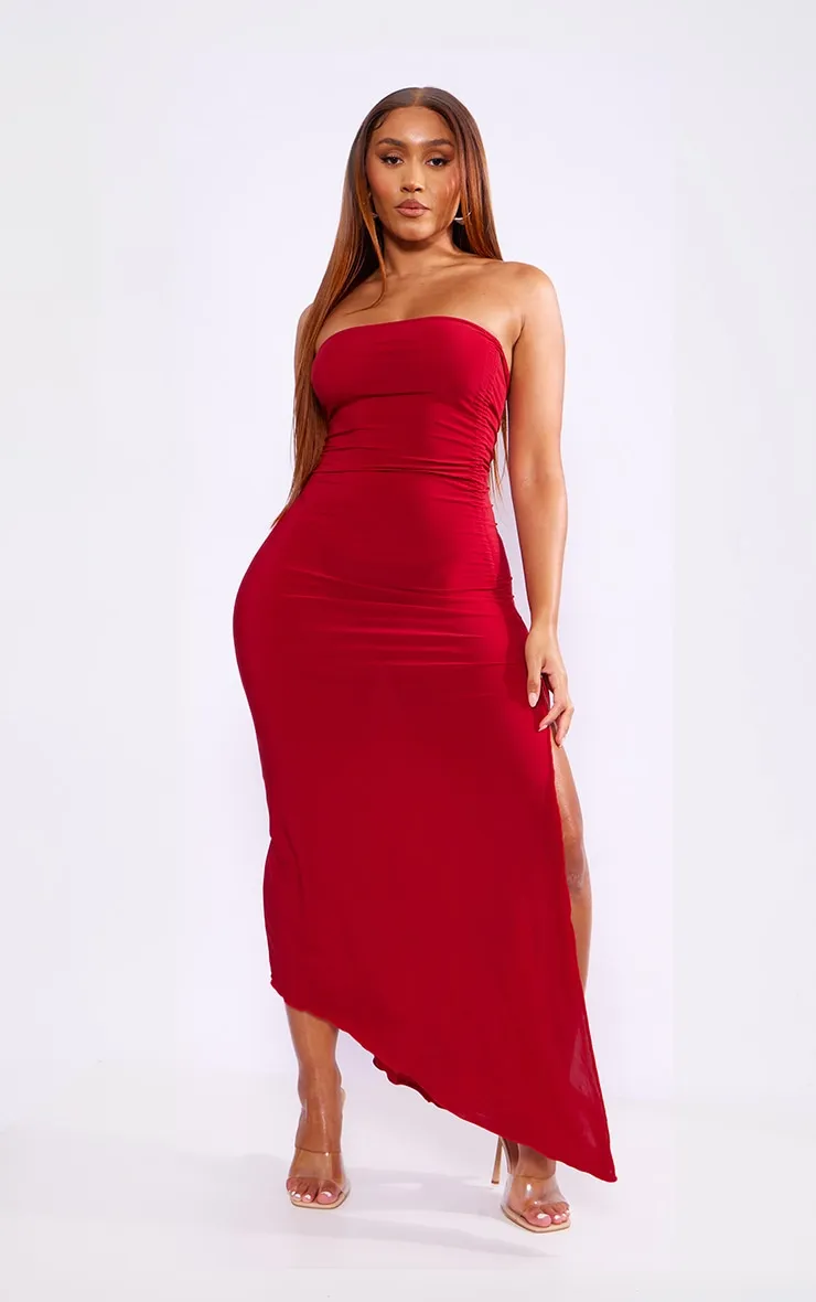 Shape Burgundy Slinky Bandeau Ruched Side Frill Hem Midaxi Dress sold by Pretty Little Thing product image thumbnail 3