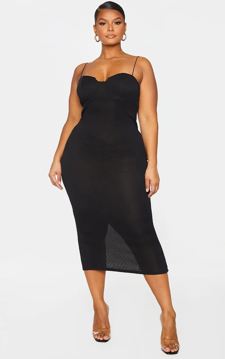 Plus Black Crinkle Rib Cup Detail Midi Dress sold by Pretty Little Thing