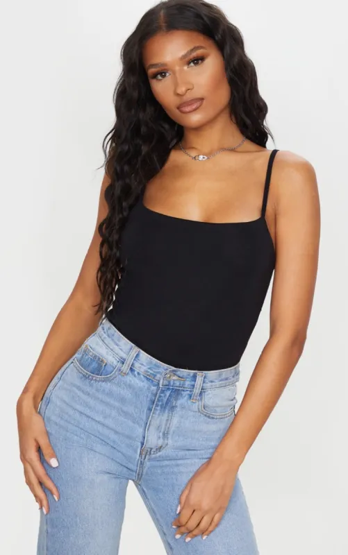 Basic Black Cotton Blend Square Neck Bodysuit sold by Pretty Little Thing