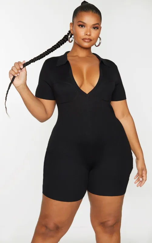 Plus Black Fine Knit Bust Detail Collared Seamless Unitard sold by Pretty Little Thing