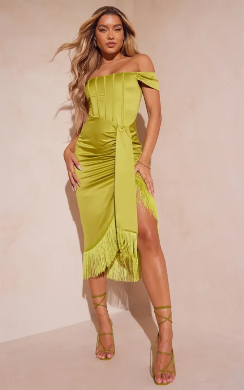 Olive Satin Bardot Tassel Hem Draped Midi Dress sold by Pretty Little Thing