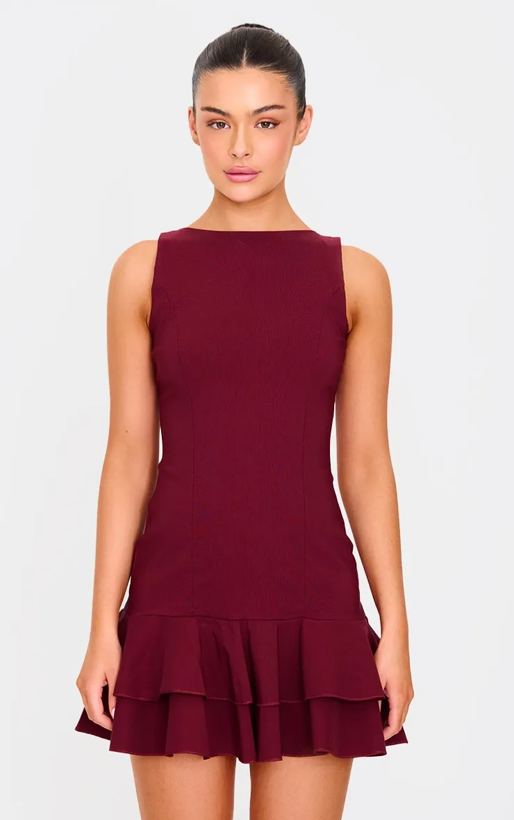 Burgundy Boat Neck Pleated Hem Shift Dress sold by Pretty Little Thing