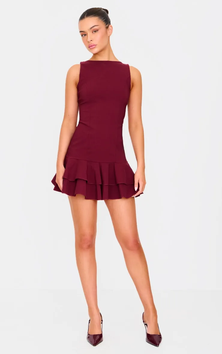 Burgundy Boat Neck Pleated Hem Shift Dress sold by Pretty Little Thing product image thumbnail 3
