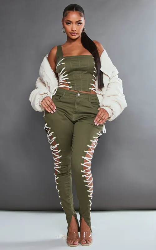 Shape Khaki Lace Up Side Skinny Jeans sold by Pretty Little Thing