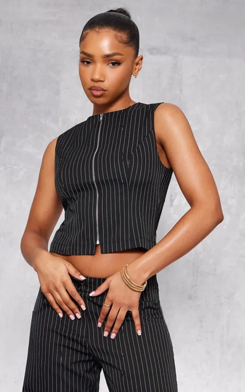 Black Premium Pinstriped Woven Zip Up Detail Sleeveless Top sold by Pretty Little Thing