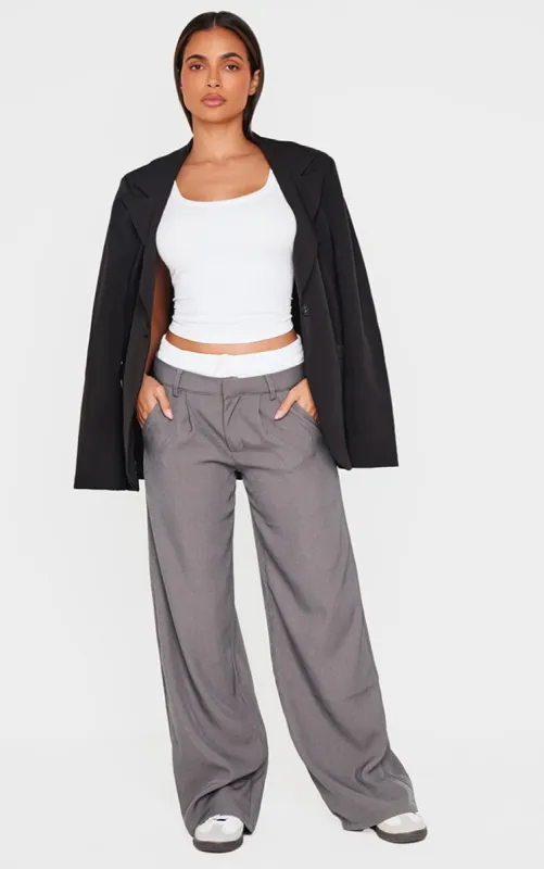 Grey Premium Woven Double Waistband Tailored Trousers sold by Pretty Little Thing