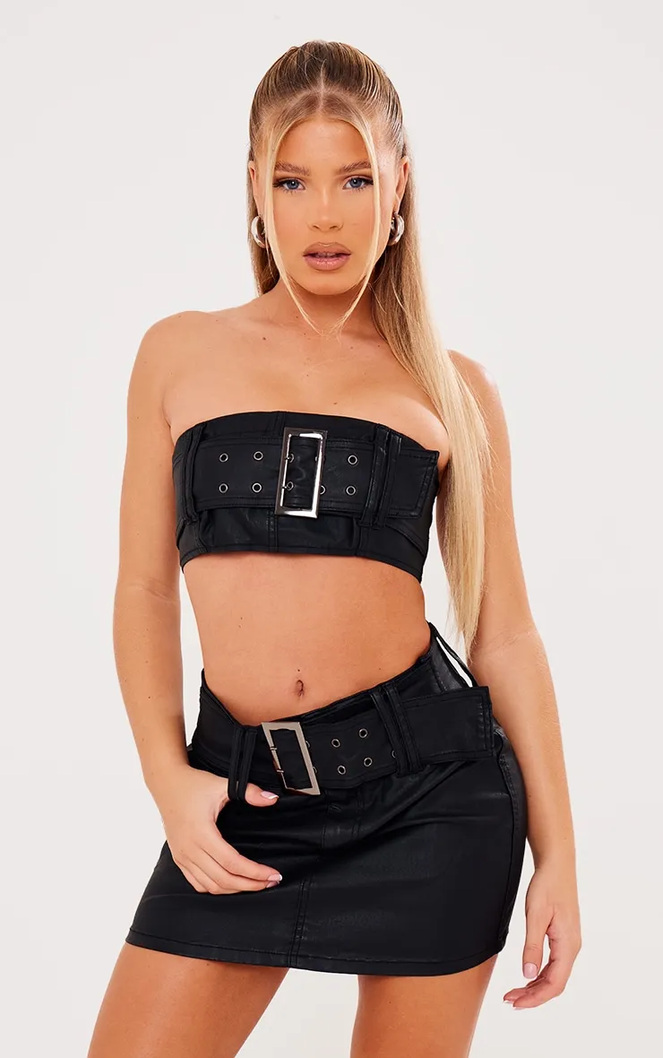 Black Coated Denim Buckle Detail Bandeau Top & Mini Skirt Set sold by Pretty Little Thing