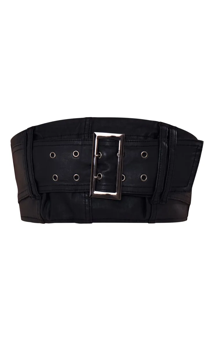 Black Coated Denim Buckle Detail Bandeau Top & Mini Skirt Set sold by Pretty Little Thing product image thumbnail 5