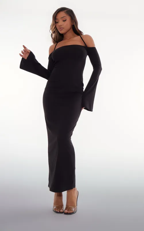 Black Rib Long Sleeve Square Neck Split Leg Maxi Dress sold by Pretty Little Thing
