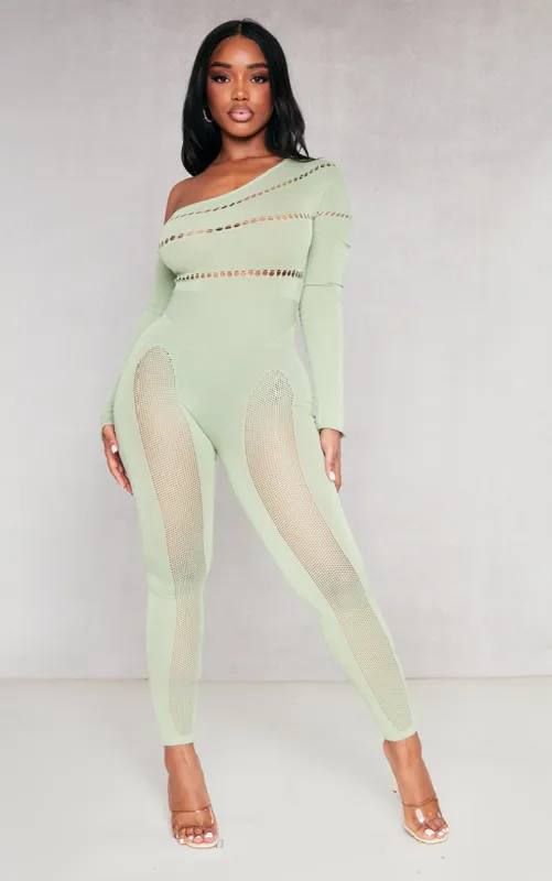 Shape Sage Khaki Bardot Knitted Hole Detailed Jumpsuit made by Pretty Little Thing