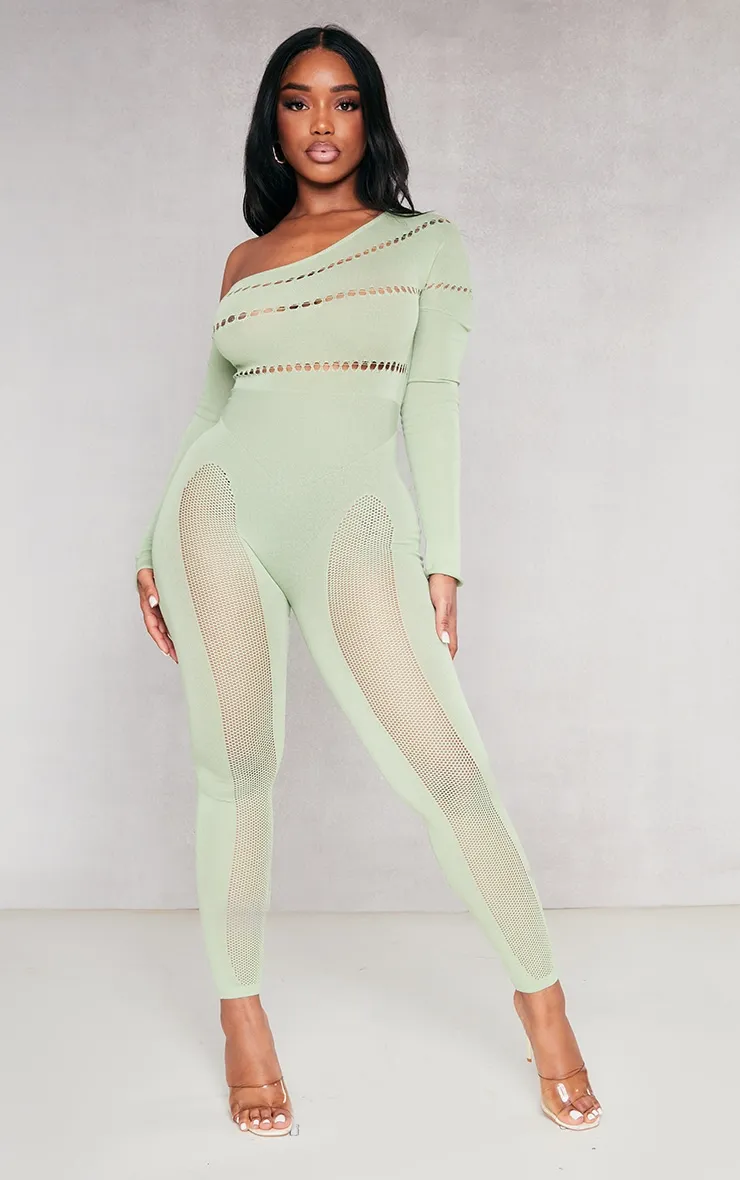 Shape Sage Khaki Bardot Knitted Hole Detailed Jumpsuit sold by Pretty Little Thing