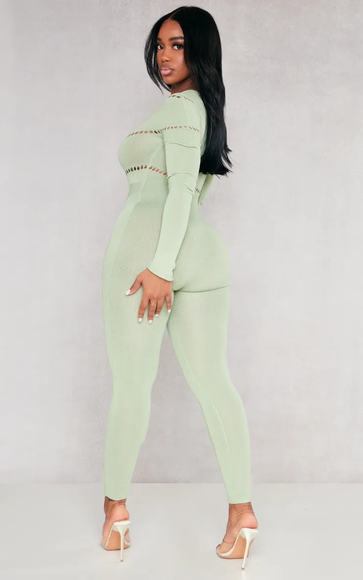 Shape Sage Khaki Bardot Knitted Hole Detailed Jumpsuit sold by Pretty Little Thing product image thumbnail 2