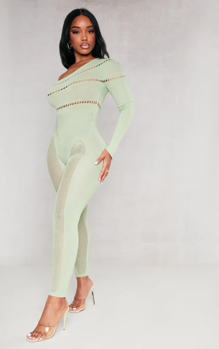 Shape Sage Khaki Bardot Knitted Hole Detailed Jumpsuit sold by Pretty Little Thing product image thumbnail 3