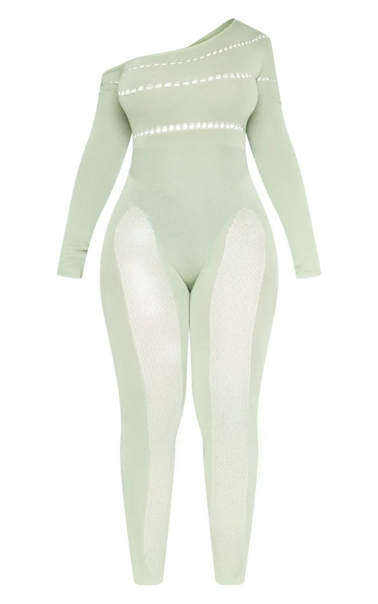 Shape Sage Khaki Bardot Knitted Hole Detailed Jumpsuit sold by Pretty Little Thing product image thumbnail 5