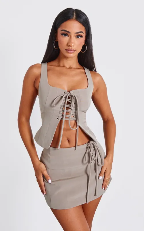 Petite Khaki Woven Lace Up Corset sold by Pretty Little Thing