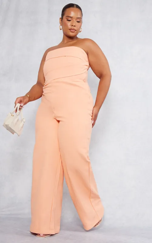  Plus Peach Linen Look Ruched Bust Detail Bandeau Jumpsuit sold by Pretty Little Thing