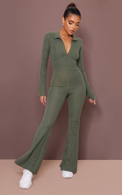 Khaki Stone Rib Collar Detail Flare Leg Jumpsuit sold by Pretty Little Thing