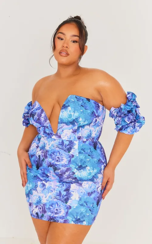 Plus Blue Floral V Neck Ruffle Sleeve Bodycon Dress sold by Pretty Little Thing
